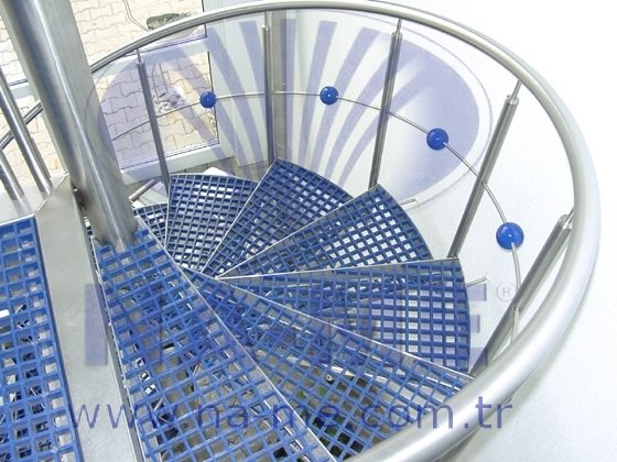 Blue GRP treads on a spiral staircase