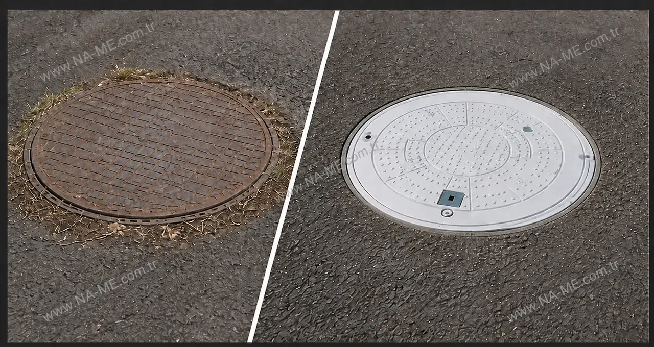 Confronto illustrativo tra un chiusino metallico e un chiusino rotondo bianco in composito