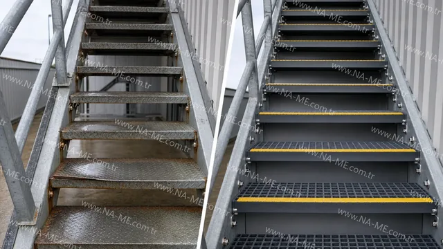 Illustrative comparison of worn steel chequer plate stair treads and moulded GRP stair treads with a yellow anti-slip nosing