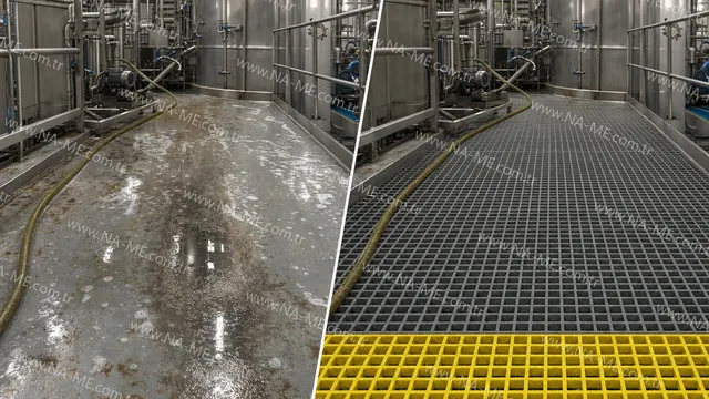 Confronto illustrativo tra un piano di piattaforma in lamiera liscia bagnata e un grigliato stampato in vetroresina con superficie antiscivolo granigliata