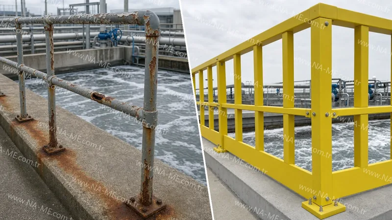 Illustrative comparison of a corroded metal walkway handrail and a yellow GRP profile railing